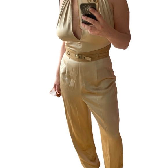 Tamara Mellon silk jumpsuit NWT size 8, cream / light brown, fitted - Picture 3 of 9